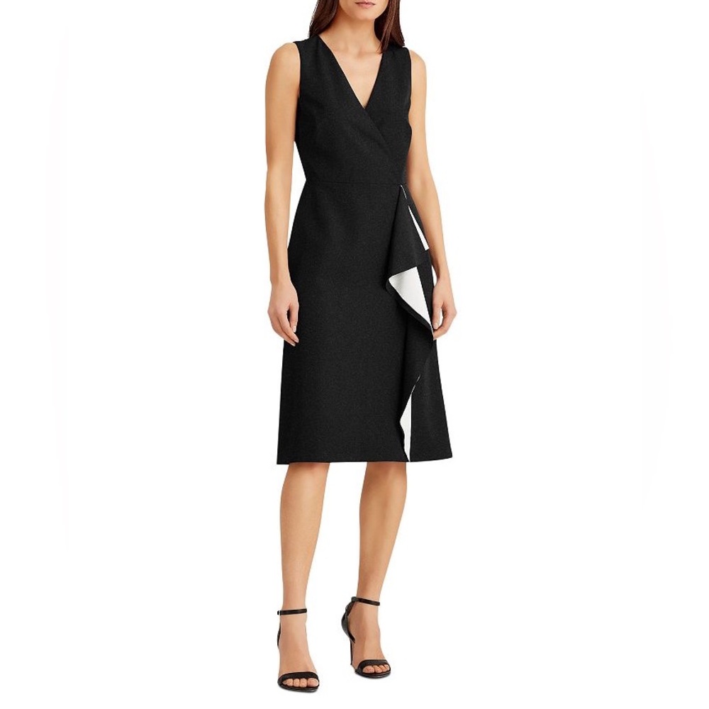 NWT Lauren Ralph Lauren Black & White Side Ruffle Sleeveless Midi Dress, Size 8